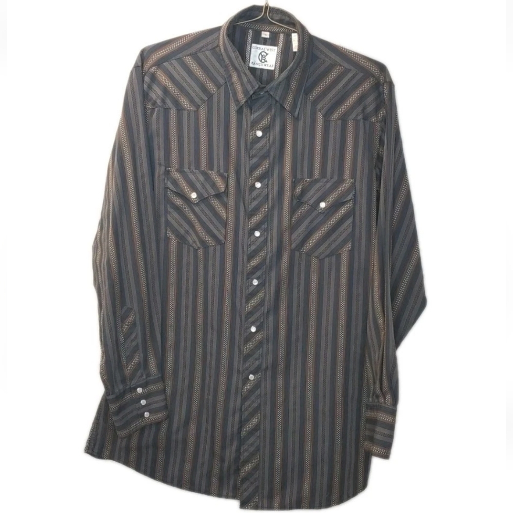 Corral West Pearl Snap Shirt Large Striped Biker Rodeo Cowboy Rockabilly Vintage